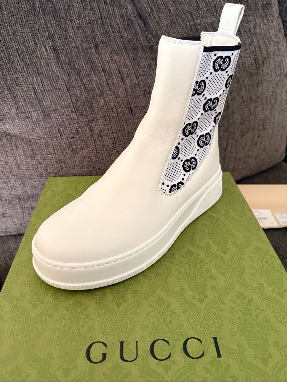 Gucci White Leather Platform Chelsea Boot with GG Knit Side Panel